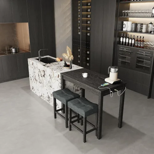 Vista 9 de allamazing Juego de Mesa de Bar de Altura de Mostrador de 3 Piezas con Enchufe y 2 Taburetes de Bar Acolchados de Tela, Juego de Mesa de Comedor 1+2