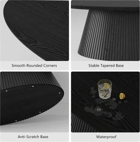 Vista 5 de win2win Mesa de Centro Ovalada, Mesa de Centro Moderna con Diseño Acanalado, Mesa de Té Minimalista con Chapa de Veta de Madera, Mesa Central