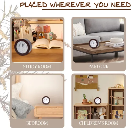 Vista 7 de Reloj despertador analógico de madera, silencioso y sin tictac, funciona con pilas, reloj de mesa con luz nocturna para dormitorio, habitación