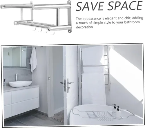 Vista 3 de OSALADI Toallero de baño con,Toallero de baño doble con estante, Toallero doble montado en la pared con estante Estante de baño de hotel de acero