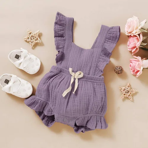 Vista 2 de YOUNGER TREE - Overol para bebé, niña, con volantes, sin mangas, mameluco de estilo casual para verano, ropa de lino de algodón