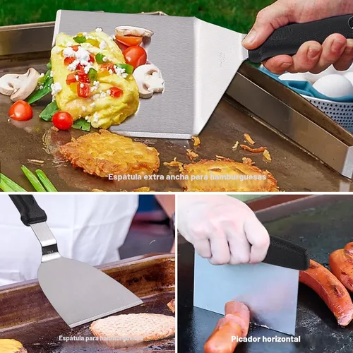 Vista 4 de ROMANTICIST - Juego de 29 piezas de accesorios para parrilla - Juego de espátulas Teppanyaki de parte superior plana con raspador, cubierta