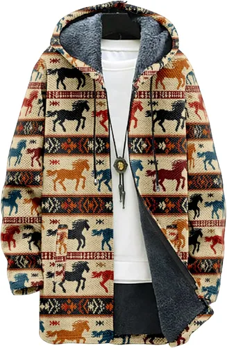 Vista 10 de Chaqueta de forro polar con capucha para hombre, con estampado azteca, de algodón pesado, con cremallera, manga larga, chaqueta con capucha