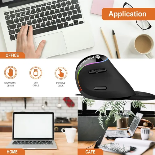 Vista 6 de J-Tech Digital Mouse ergonómico con conexión con cable, reposamanos extraíble, botones de pulgar, 800, 1200, 1800, 3200 DPI compatible con Windows
