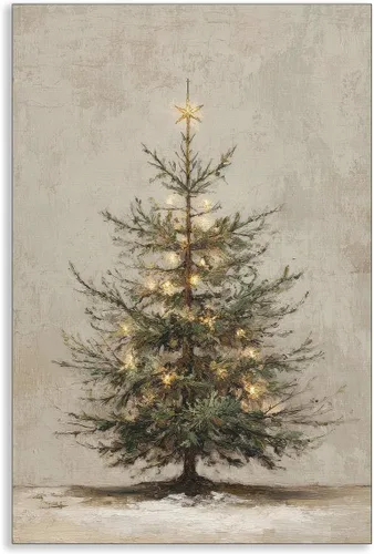 Vista 19 de Arte de pared en lona de árbol de Navidad y pino, póster rústico iluminado de abeto nevado, decoración de pared de vacaciones de invierno antigua