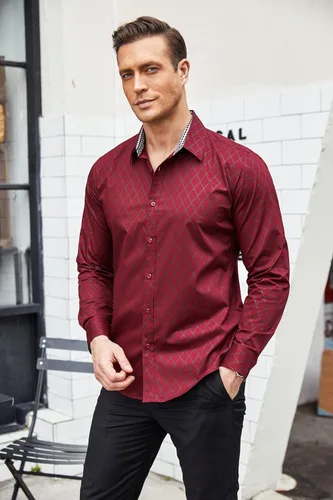 Vista 2 de COOFANDY - Camisa de vestir de negocios para hombre de manga larga ajustada informal con botones
