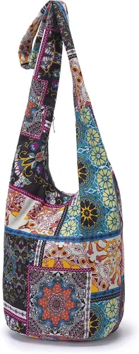 Vista 2 de Bolsa de hombro para mujer, de lona en estilo hippiebohemio para llevar cruzada al hombro, disponible en diferentes colores y estampados