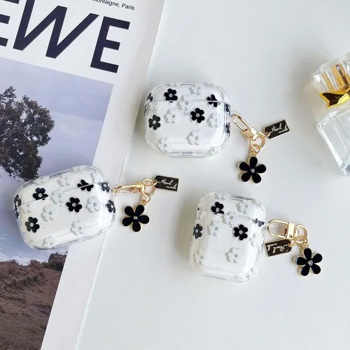 Vista 6 de Funda protectora para AirPods Pro de 1ª generación con llavero, bonita funda protectora para auriculares con flores negras y flores, TPU suave