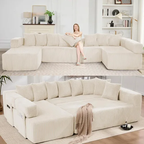 Vista 22 de Sofá grande sin hueso de 125 pulgadas con diván, moderno sofá modular con asiento profundo, sofá tapizado de pana en forma de U para sala de estar