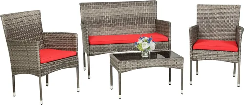 Vista 19 de Juego de 4 muebles modulares para exteriores, juego de muebles de mimbre resistentes al agua con 3 sillas de ratán, 1 cojín de mesa con tapa