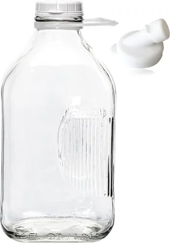 Vista 4 de The Dairy Shoppe Botella de leche de vidrio pesado, jarra con tapa y boquilla de silicona para verter, recipiente de leche transparente