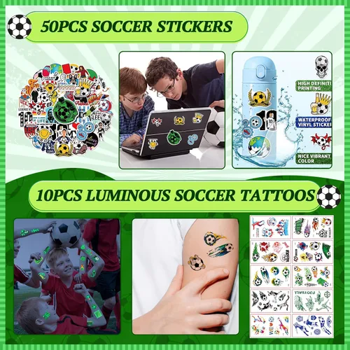 Vista 5 de Miucat 120 piezas de recuerdos de fiesta de fútbol, bolsas de golosinas de fútbol con calcomanías de tatuaje de silbato, pulseras y llaveros