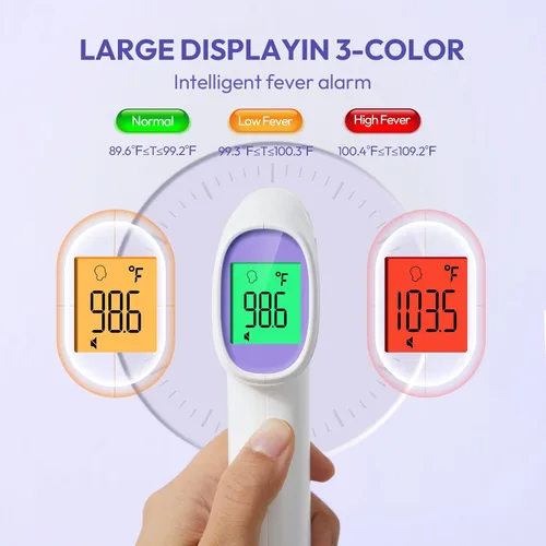 Vista 3 de Termómetro de frente para adultos, niños y bebés, termómetro digital sin contacto con pantalla de retroiluminación LCD, alarma de fiebre y lectura