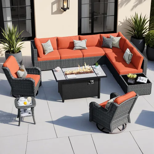 Vista 9 de HOOOWOOO Juego de sofá modular para patio al aire libre, 7 piezas en forma de U, juego de sofá de mimbre rústico para 6 personas, juego de Beige