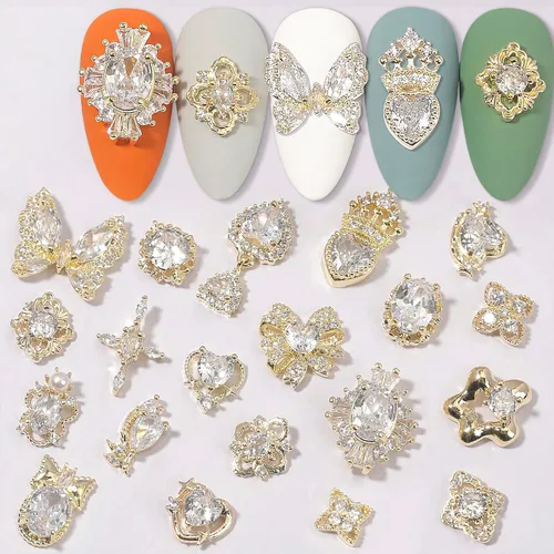 Vista 9 de Dijes y gemas para uñas, circonita de cobre dorado, múltiples formas 3D, diamantes de imitación de metal de lujo para uñas, 14 piezas 13 dijes