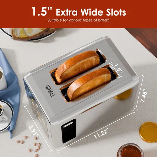 Vista 7 de WHALL Tostadora de pantalla táctil completa de 2 rebanadas, tostadora de acero inoxidable con ranura de 1.5 pulgadas de ancho con temporizador