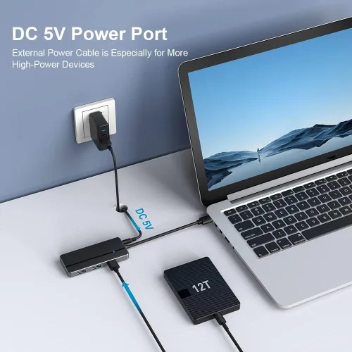 Vista 5 de Orlian Hub adaptador USB 3.0 5 en 1, con 3 puertos USB 3.0, lector de tarjetas SD y microSD, adaptador USB A a USB C, para MacBook Pro, iMac, XPS