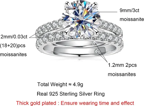 Vista 9 de AnuClub Total 4.14ct 3CT Center Moissanite Engagement Rings Wedding Band D Color VVS1 Round Cut 925 Sterling Silver Bridal Sets for Women