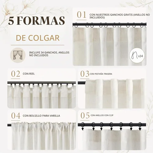 Vista 4 de Jowels Natural Linen Curtains 96 Inches Long 2 Panels for Living Room