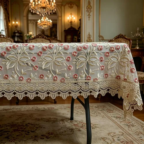 Vista 7 de Mantel de encaje rectangular elegante bordado para boda, banquete, fiesta de cumpleaños, mesa de comedor formal, cubierta a prueba de polvo
