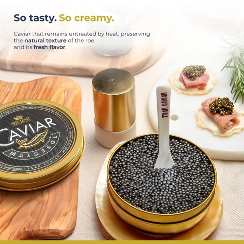 Vista 3 de TSAR CAVIAR Imperial Kaluga Fusion Caviar 3.5 oz (100G) - ENTREGA POR LA NOCHE - Esturión de caviar negro - Huevos de caviar de Osetra salados a