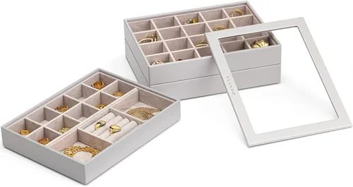 Vista 9 de Vlando - Bandeja organizadora de joyas apilable, de gran capacidad, organizador de cajones, bandeja de exhibición, caja para anillos, aretes