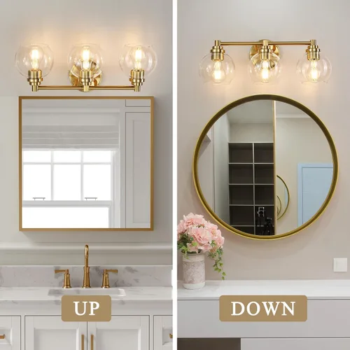 Vista 7 de Lámparas de baño de 3 luces, moderna lámpara de tocador con pantalla de cristal de globo, luces de baño doradas cepilladas sobre el espejo, luces