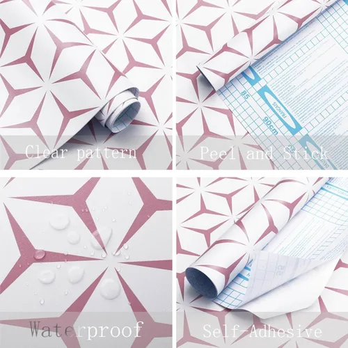 Vista 4 de Heroad Papel tapiz de color rosa moderno para despegar y pegar, papel de contacto bohemio geométrico rosa para armarios y cajones, apto