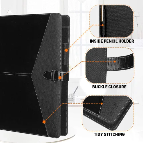 Vista 5 de Toplive Padfolio - Carpeta organizadora de 3 anillas, carpeta de negocios para mujer, tamaño A4/carta, piel sintética, profesional, para Negro