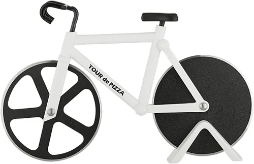 Vista 3 de SoHo Kitchen bicicleta cortadora de pizza – Tour de pizza – Ruedas de corte de doble capa antiadherente de acero inoxidable – base de exhibición