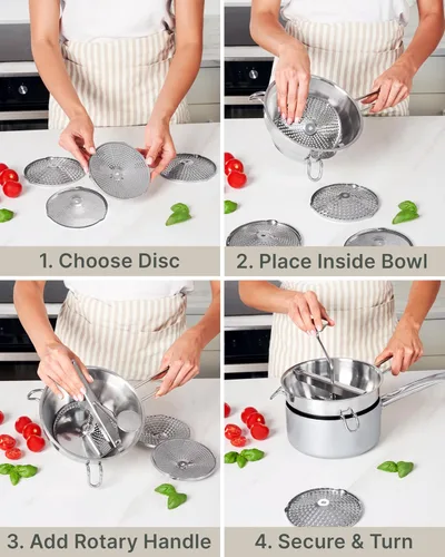 Vista 6 de Molinillo de Alimentos de Acero Inoxidable con 4 Discos Mejorado – Diseño Rotatorio Ergonómico para Salsa de Tomate, Puré de Manzana, Comida
