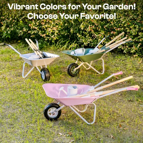 Vista 4 de ROBOTIME Carretilla para niños con juego de jardinería – Carretilla de metal para niños pequeños, juguete de juego al aire libre con herramientas