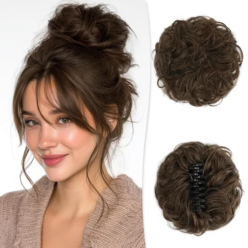 Vista 18 de RUWISS Extensiones de cabello humano real, ondulado y rizado, moño despeinado, cola de caballo para mujer (12H24# castaño rojo/rubio mediano)