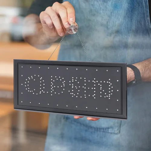 Vista 5 de Letrero LED abierto para negocios. Tablero de anuncios brillante de 19 x 10 pulgadas, letrero de apertura y cierre de alta visibilidad, luz