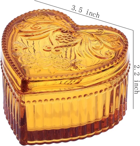 Vista 2 de Gaolinci Caja de almacenamiento de vidrio de cristal en forma de corazón con relieve Caja de joyería Caja de dulces con tapa - Ámbar