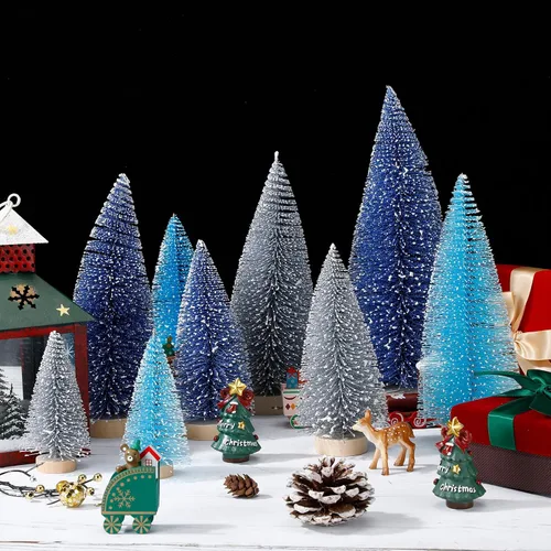 Vista 4 de Leyndo - 9 unidades de árboles artificiales de Navidad clásicos azules en miniatura con base de madera de pino de sisal para decoración de otoño