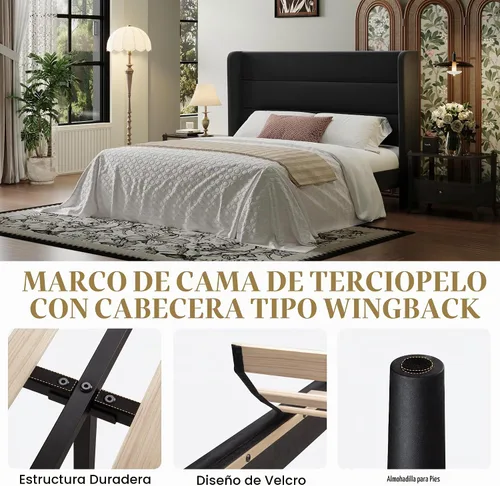 Vista 7 de SHA CERLIN - Base de cama tamaño Full con cabecera tapizada en terciopelo y diseño acanalado vertical; plataforma de cama tapizada con listones