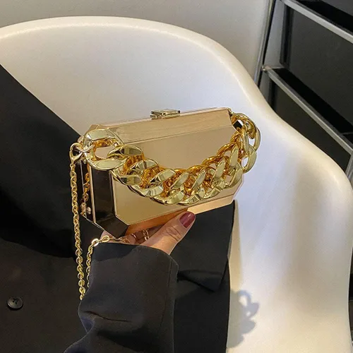 Vista 3 de Ladies Evening Clutch Vintage Purse Glitter Acrylic Chain Rectangle Metal Bucket Bag Women Handbags Party Wedding