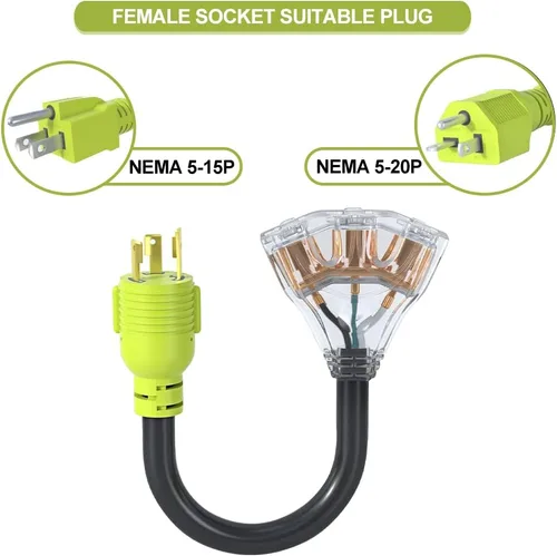 Vista 4 de Cable de alimentación para generador adaptador RV de 30 amperios a 110, adaptador de 3 clavijas a enchufe de bloqueo giratorio de 20 amperios
