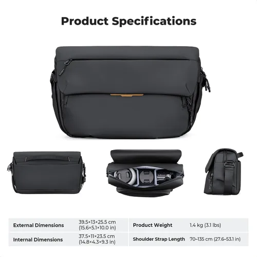 Vista 7 de K&F CONCEPT Bolsa bandolera para cámara, bolsa cruzada para cámara de 13L Negro
