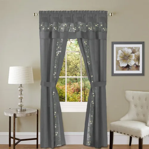 Vista 3 de PowerSellerUSA Juego de 5 cortinas semitransparentes para ventana filtrantes de luz, incluye paneles divididos, cenefa y alzapaños: 55 x 63