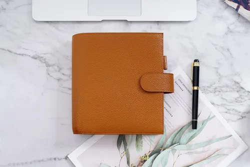 Vista 8 de Moterm Planificador de anillos de lujo para todo el personal – Organizador de carpeta de cuero genuino (naranja quemado, anillo de 1.181 in)