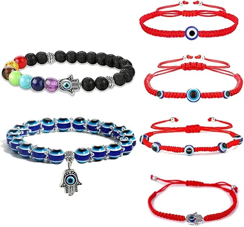 Vista 5 de 2 Pulseras elásticas con cuentas azules de ojo malvado, 7 chakras, piedra de lava, mano de Hamsa