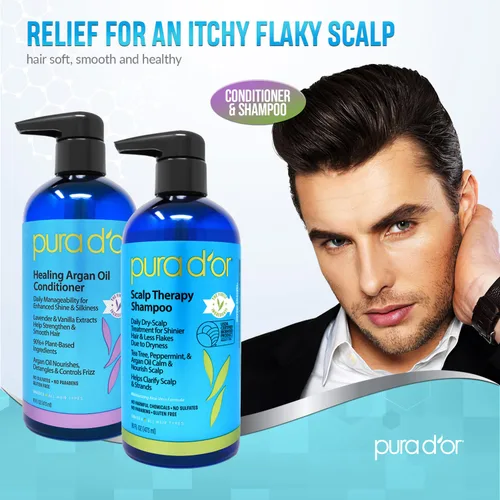 Vista 4 de PURA D'OR Champú y acondicionador curativo para terapia del cuero cabelludo para cabello seco y nutre con terapia de árbol de té y cuero cabelludo
