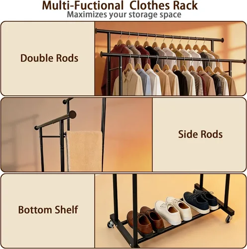 Vista 5 de Perchero de doble barra para colgar ropa, portátil, con ruedas, perchero de metal resistente con estantes dobles para dormitorio, lavandería, sala