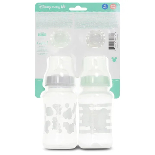 Vista 7 de Disney Juego de biberones y chupetes para bebé, 2 botellas en forma de reloj de arena de 11 onzas + 2 chupetes de ortodoncia, diseños con licencia