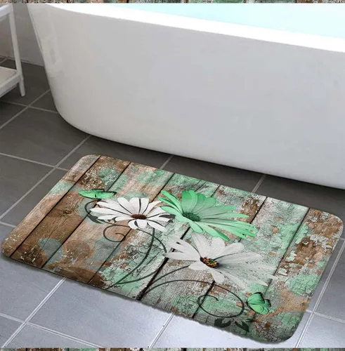 Vista 20 de JAWO Alfombra de baño con flores de granja, dalia en tablones de madera rústica, juego de tapetes de baño con flores azules, en forma de U
