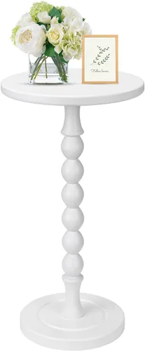 Vista 9 de Mesa auxiliar redonda para espacios pequeños, mesa de bebidas con pedestal de madera de roble, mesa auxiliar moderna para sala de estar, dormitorio
