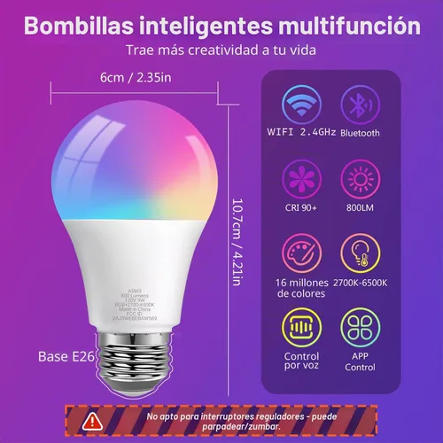 Vista 4 de DAYBETTER Bombillas inteligentes, bombilla inteligente compatible con Alexa y Google Home, A19 E26 2.4G WiFi Bluetooth Alexa, bombilla LED RGBCW que