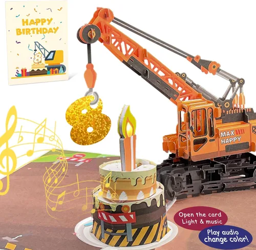 Vista 14 de Tarjeta de Felicitación 3D Desplegable de 1er Cumpleaños con Luz y Música, Tarjeta de Grúa y Camión Para Niño, Sobrino, Nieto, Hijo, Pequeño